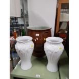 VERY LARGE PLANTER AND PLANTER BASE TOGETHER WITH 2 VASES