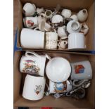 2 BOXES CONTAINING COMMEMORATIVE WARE AND CRESTED SPOONS ETC