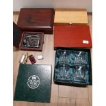 3 WOODEN CIGAR BOXES INCLUDING A NICELY CARVED AFRICAN HARDWOOD BOX TOGETHER WITH 4 THOMAS WEBB