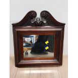 SMALL MAHOGANY HANGING MIRROR WITH FRET CUT SCROLL TOP HEIGHT 39CM