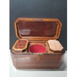 ANTIQUE INLAID MAHOGANY TEA CADDY MISSING CENTRE BOWL