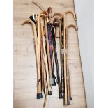 LARGE BUNDLE OF MISCELLANEOUS WALKING STICKS AND SHEPHERDS CROOKS ETC