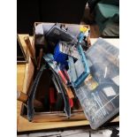 BOX OF TOOLS INCLUDING TILE CUTTER FIXINGS WOODEN MALLETS ETC