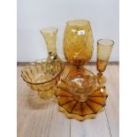 6 LARGE DECORATIVE AMBER GLASS DISPLAY ITEMS