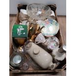 A BOX OF MISCELLANEOUS INC LATE VICTORIAN GLASS CENTRE BOWL COMMEMORATIVE CUPS ETC