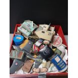 A BOX OF MISCELLANEOUS INC DINKY TOYS VINTAGE BAKING POWER TINS ETC