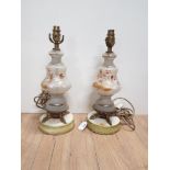 ANTIQUE GLASS AND PAINTED TABLE LIGHTS WITH BRASS FISH AND COMPOSITE BASE