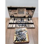 A CANTEEN OF CUTLERY TOGETHER WITH BOX CONTAINING ASSORTED CUTLERY INC CRESTED SPOONS ETC