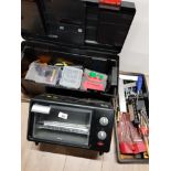 TOOLBOX CONTAINING MISCELLANEOUS HANDTOOLS AND SCREW BITS ETC ALSO INCLUDES HINARI TABLE TOP TOASTER