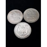 3 SILVER UNTITED STATES OF AMERICA 1 DOLLAR COINS DATED 1892 1891 AND 1890