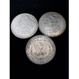 3 SILVER UNITED STATES OF AMERICA 1 DOLLAR COINS DATED 1881 1882 AND 1883