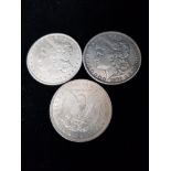 3 SILVER UNITED STATES OF AMERICA 1 DOLLAR COINS DATED 1878 1879 AND 1880