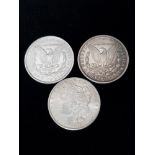 3 SILVER UNITED STATES OF AMERICA 1 DOLLAR COINS DATED 1887 1888 AND 1889