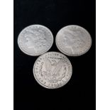 3 SILVER UNITED STATES OF AMERICA 1 DOLLAR COINS DATES 1896 1895 AND 1894