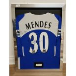 FRAMED PORTSMOUTH FC FOOTBALL SHIRT FROM SEASON 2006-2007 PLAYER WORN BY PEDRO MENDES AND SIGNED