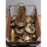 A BOX CONTAINING ASSORTED BRASS WARE SUCH AS DOME CLOCK ETC