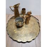 LARGE BRASS ORIENTAL FOO DRAGON DESIGN TRAY TOGETHER WITH BRASS POT AND JUGS ETC