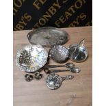 LARGE SILVER PLATED PIERCED GALLERY TRAY WITH PLATED HAND MIRROR PLUS SMALL CANDLE STICKS AND