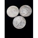 3 SILVER UNITED STATES OF AMERICA LIBERTY 1 DOLLAR COINS DATED 1923 1924 AND 1925