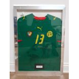 FRAMED AFRICAN NATIONS CUP CAMEROON FOOTBALL SHIRT FROM JANUARY 2006 PLAYER WORN BY GUY FEUTCHINE