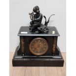 ANTIQUE ANSONIA BLACK SLATE AND MARBLE PILLAR MANTLE CLOCK