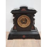 EDWARDIAN HEAVY ETCHED BLACK SLATE MANTLE CLOCK WITH TWIN LION HEAD HANDLES BRASS FACE AND DIAL PLUS