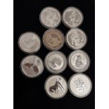 10 SILVER 999 ELIZABETH II AUSTRALIA 1 DOLLAR COINS MOSTLY WITH NATIVE ANIMALS ON ONE SIDE OF THE