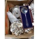 A BOX OF ASSORTED WARE INC SILVER PLATED WARE SUCH AS GOBLET EGG CUPS ETC