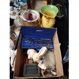 A BOX OF MISCELLANEOUS CONTAINING CRESTED SPOONS SYLVAC RABBIT ETC