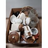 A BOX OF ASSORTED WARE INC INC COFFEE TEA AND SUGAR SET A PAIR OF LAMPS ETC