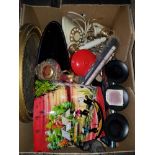 A BOX OF MISCELLANEOUS ITEMS SUCH AS CANDLE HOLDERS RETRO TELEPHONE ETC