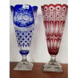 2 LARGE BOHEMIAN STYLE CRYSTAL GLASS VASES IN BLUE AND RED