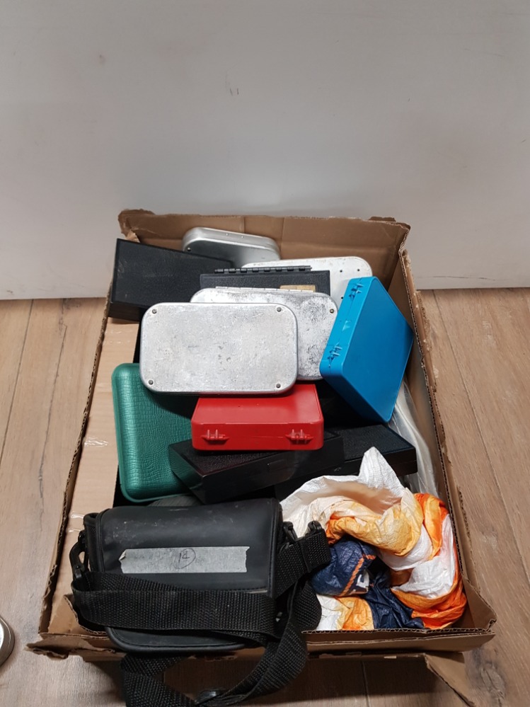 A BOX CONTAINING FISHING TACKLE AND SAMSUNG CAM RECORDER