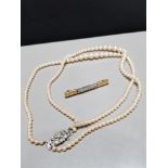 PEARL NECKLACE WITH CZ CLASP AND GILT BROOCH