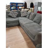 LARGE CORNER SETTEE UPHOLSTERED IN A NICE TWO TONE FABRIC GREY AND SUEDE