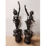 PAIR OF SPELTER LION BACK FIGURES ON STANDS SAS