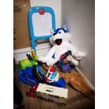 LOT OF KIDS TOYS INCLUDING LARGE SOFT TOYS ROCKER AND BADMINTON RACKETS