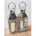 PAIR OF CHROME EFFECT AND GLASS HANGING CANDLE LANTERNS