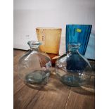 NICE AMBER COLOURED VASE BLUE VASE AND TWO GLASS BOTTLES