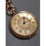 15CT YELLOW GOLD ANTIQUE FOB WATCH ON A LONG 9CT GOLD GUARD CHAIN GROSS WEIGHT 56.9G