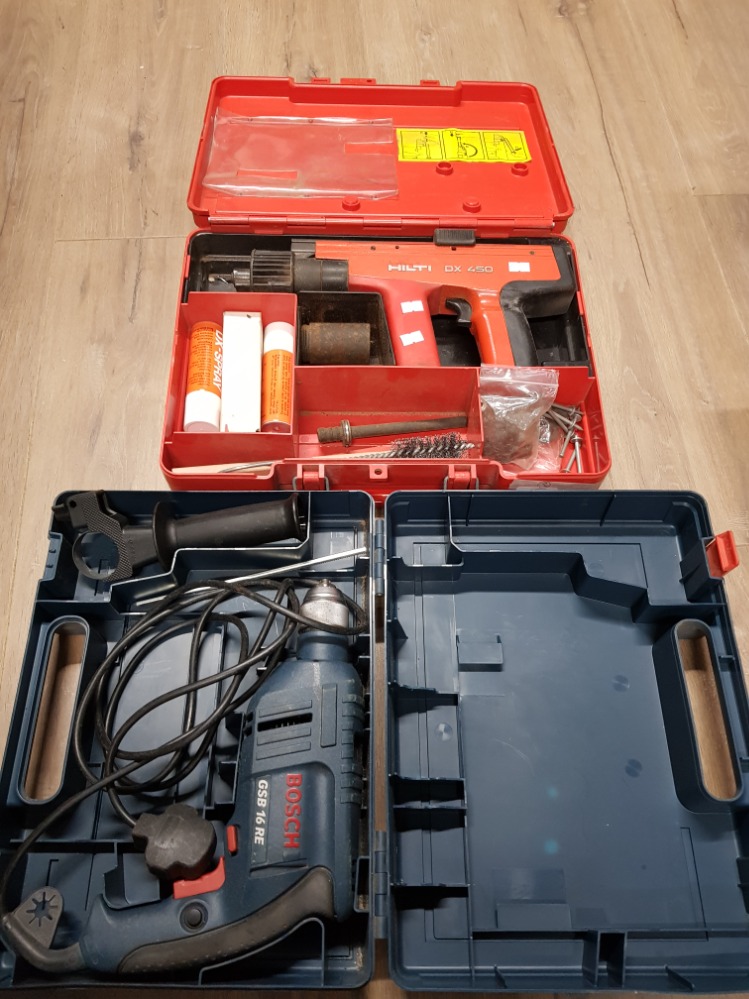 BOXED HILTI NAIL GUN IN CASE DX 450 TOGETHER WITH BOSCH IMPACT DRILL