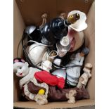 A BOX OF MISCELLANEOUS INC FIGURES LAMPS ETC