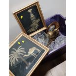 BOX OF ASSORTED WARE INCLUDING GLASS AND BRASS PIECES PLUS 2 FRAMED EASTERN STYLE HANGINGS