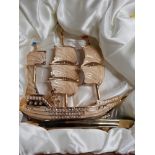 BRASS MODEL SHIP ON STAND BY PALAIS ROYAL MADE WITH SWAROVSKI CRYSTAL COMPONENTS IN ORIGINAL BOX