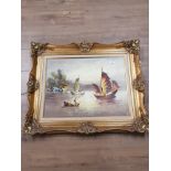 GILT FRAMED OIL ON CANVAS ORIENTAL LAKE SCENE