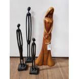 SET OF 3 AFRICAN TALL MAN SCULPTURES AND LADY FIGURE