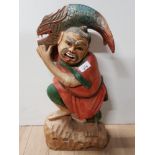 HAND CARVED AND PAINTED WOODEN CHINESE FISHERMAN FIGURED ORNAMENT