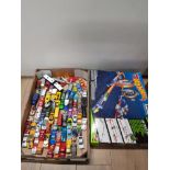 A BOX OF DIE CAST VEHICLES TOGETHER WITH HOT WHEELS TRACK ETC