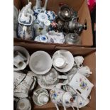 2 BOXES OF MISCELLANEOUS INC BLUE AND WHITE SILVER PLATED ITEMS ETC