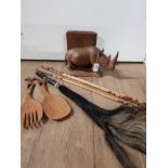 7 WOODEN AFRICAN RELATED ITEMS INCLUDES HANDCARVED RHINO BOOKEND AND 3 VINTAGE ARROWS